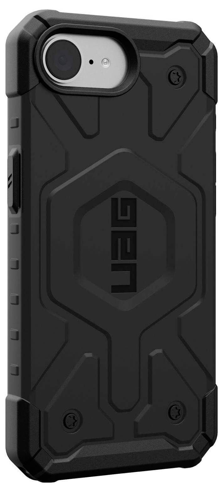 Schwarze, robuste Handyhülle mit modernem, eckigem Design und eingelassenem Markennamen, bietet umfassenden Schutz für Smartphone.