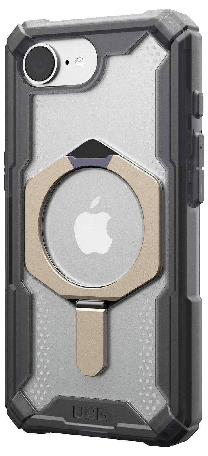 Ein robustes Smartphone mit einer schwarzen Hülle, die eine ringförmige Halterung auf der Rückseite hat.