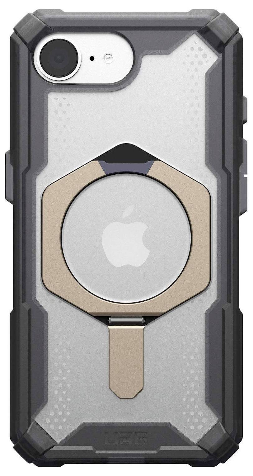 Eine robuste Smartphone-Hülle mit integriertem Ständer und kreisförmigem Akzent, passend für ein iPhone, gegen einen weißen Hintergrund.