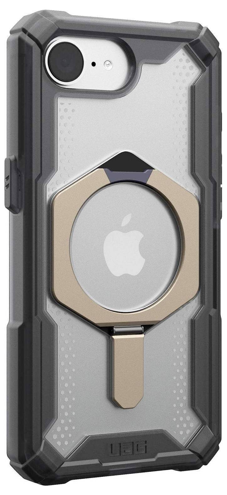 Smartphone in robuster schwarzer Hülle mit integriertem Ständer. Das Apple-Logo ist durchsichtigen Bereich sichtbar.