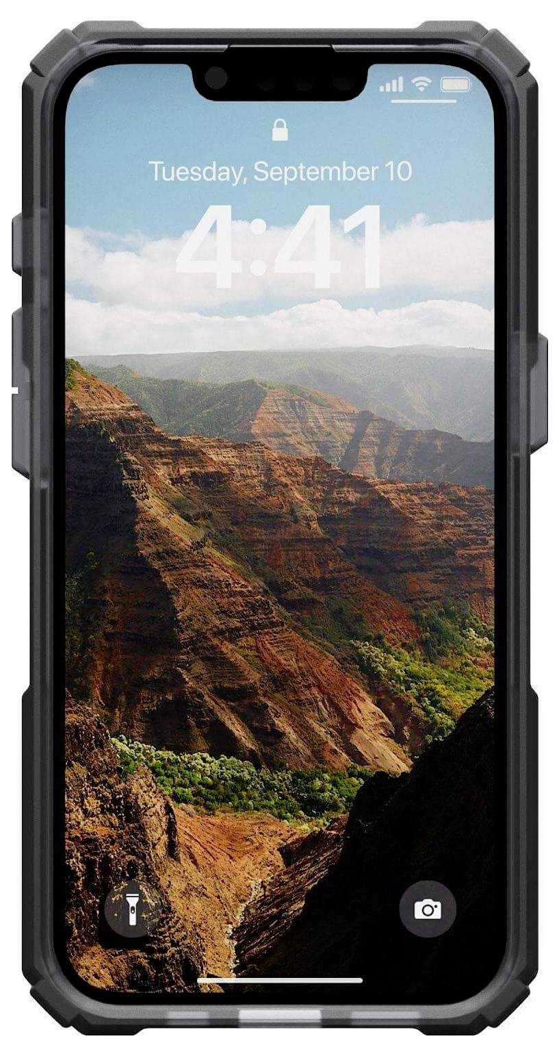 Ein Smartphone zeigt einen gesperrten Bildschirm mit der Uhrzeit '4:41' und Datum 'Tuesday, September 10'. Hintergrundbild: Gebirgsschlucht.