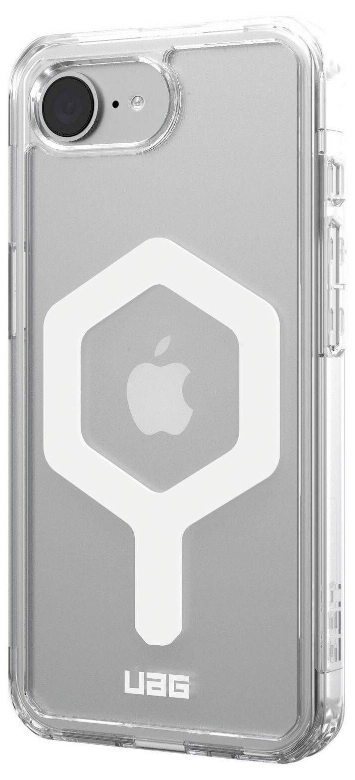 Transparente Handyhülle mit hexagonalem Muster und Markenlogo, passend für ein Apple iPhone.