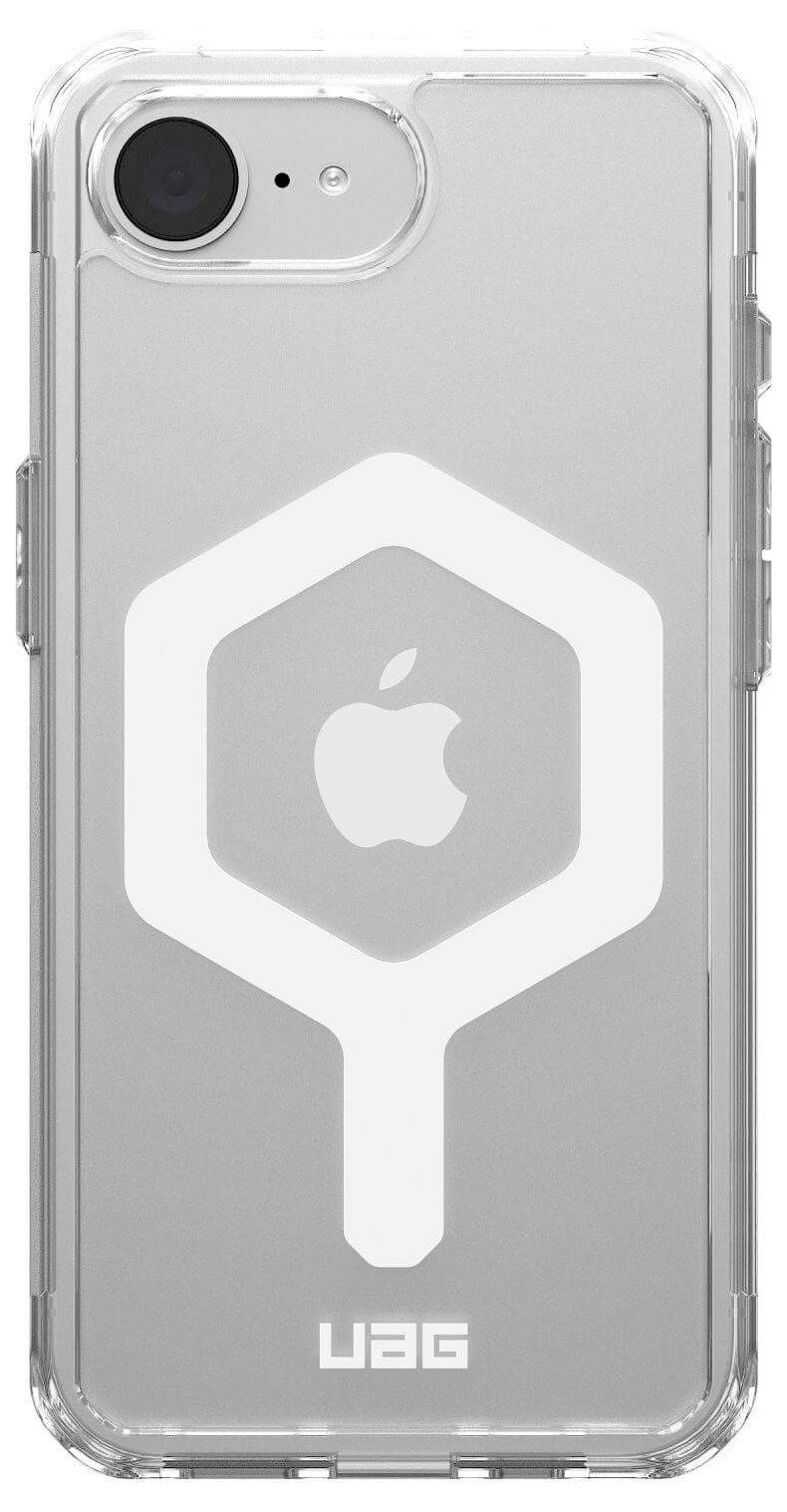 Ein durchsichtiges Handycase mit weißem UAG-Logo und einem stilisierten Grafik-Design. Sichtbares Apple-Logo auf dem Handy.