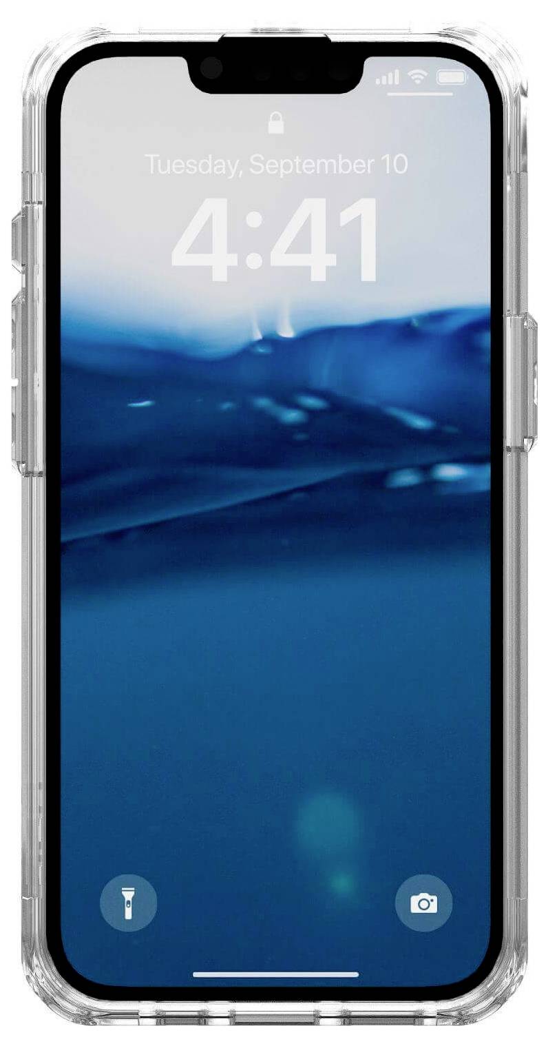 Ein Smartphone mit transparentem Case zeigt den Sperrbildschirm mit Datum 'Dienstag, 10. September' und Uhrzeit '4:41'.