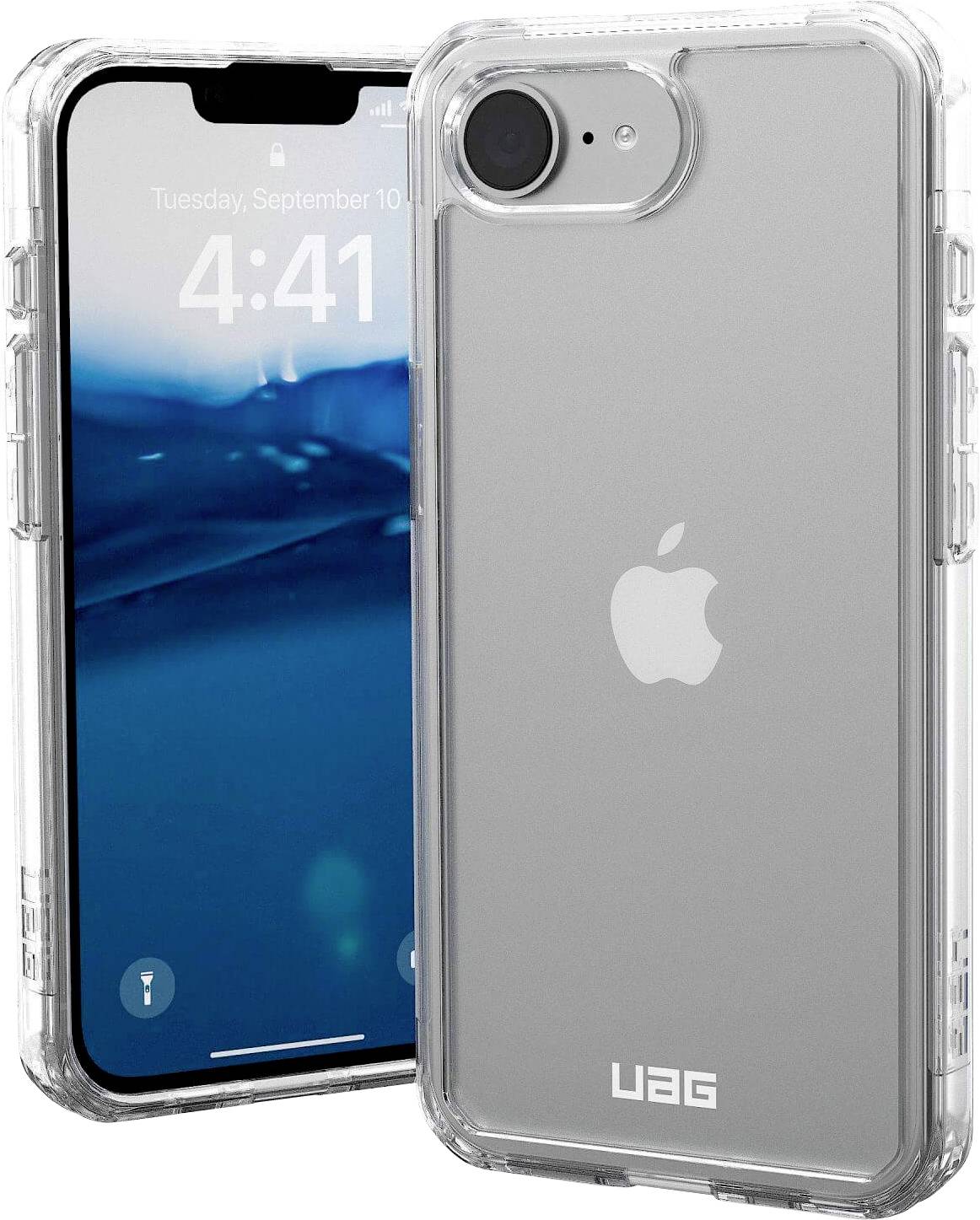 Zwei iPhones mit transparenten Hüllen. Einer zeigt den Bildschirm mit der Uhrzeit '4:41' und Datum, der andere die Rückseite mit Apple-Logo.