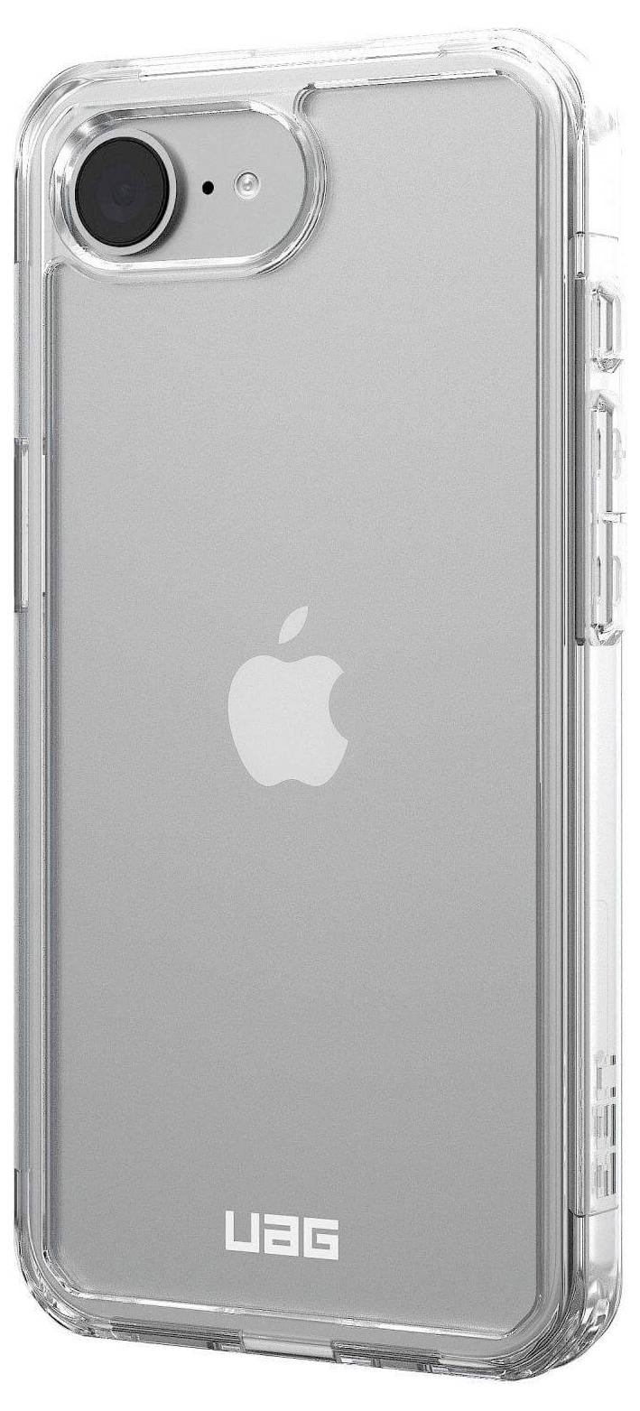 Transparente UAG-Handyhülle schützt ein Smartphone mit dem Apple-Logo; Kameraobjektiv und Blitz sind sichtbar.