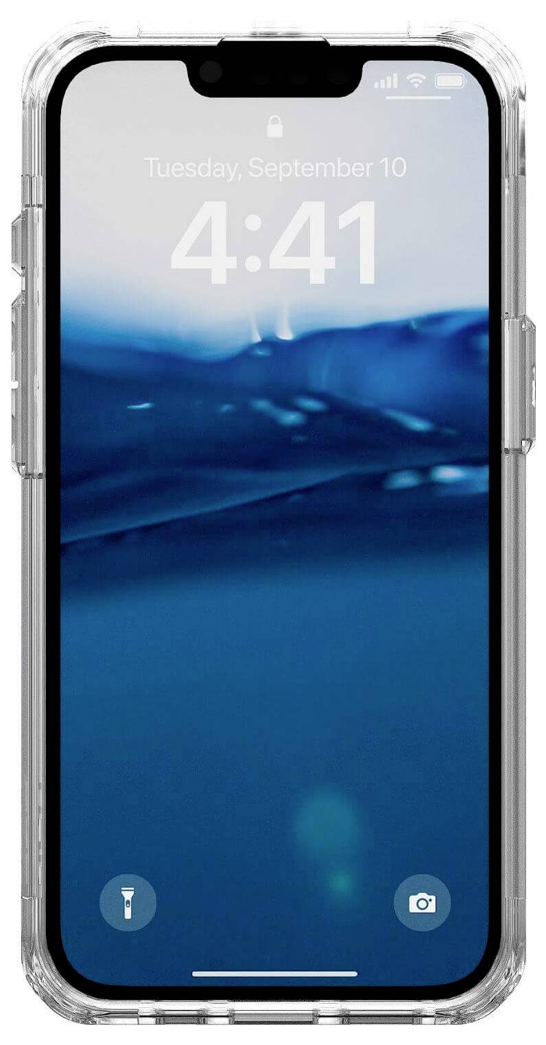 Smartphone mit entsperrtem Bildschirm zeigt Hintergrundbild von blauem Wasser. Oben Datum 'Tuesday, September 10' und Uhrzeit '4:41'.