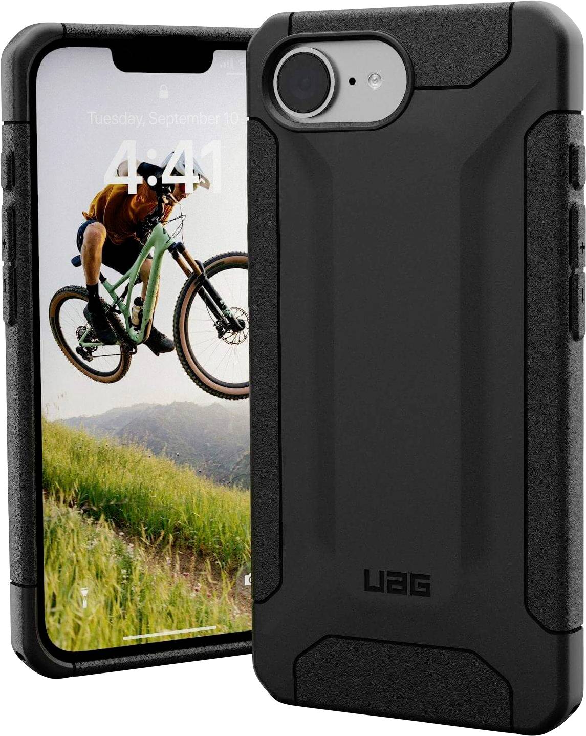 Ein Smartphone in einer robusten schwarzen Hülle, auf dem Bildschirm ein Mountainbiker in der Luft.