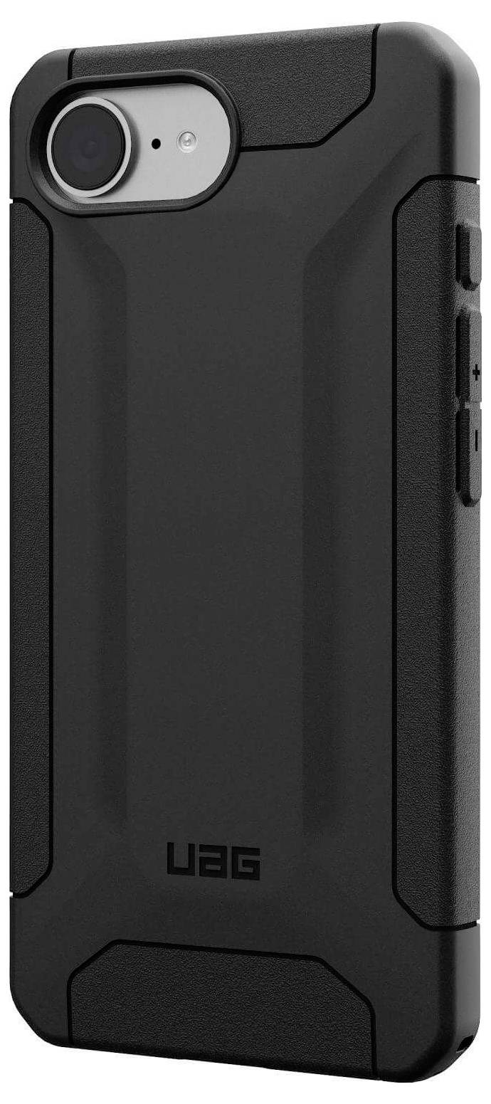 Ein schwarzes, robustes Handycase mit strukturiertem Rand und Tastenabdeckung, markiert mit 'UAG', bietet Schutz für ein Smartphone.