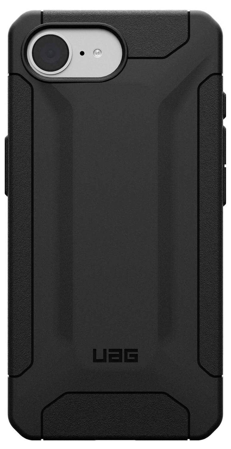 Eine schwarze, robuste Handyhülle mit strukturiertem Design und UAG-Logo, passend für ein Smartphone mit Kameraoberseite links.