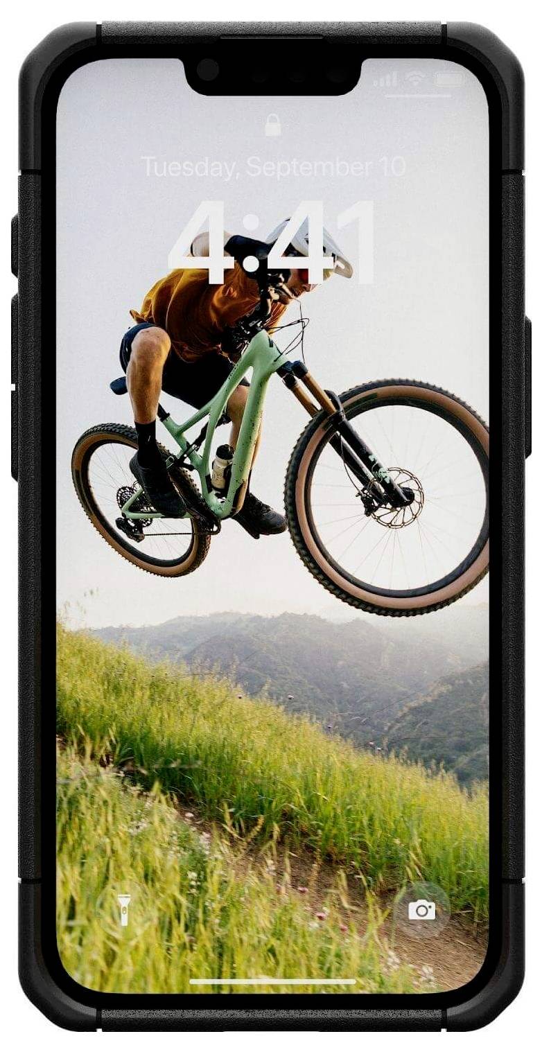 Ein Mountainbiker springt mit seinem Rad über einen Hügel. Im Hintergrund sind grüne Wiesen und Berge zu sehen.