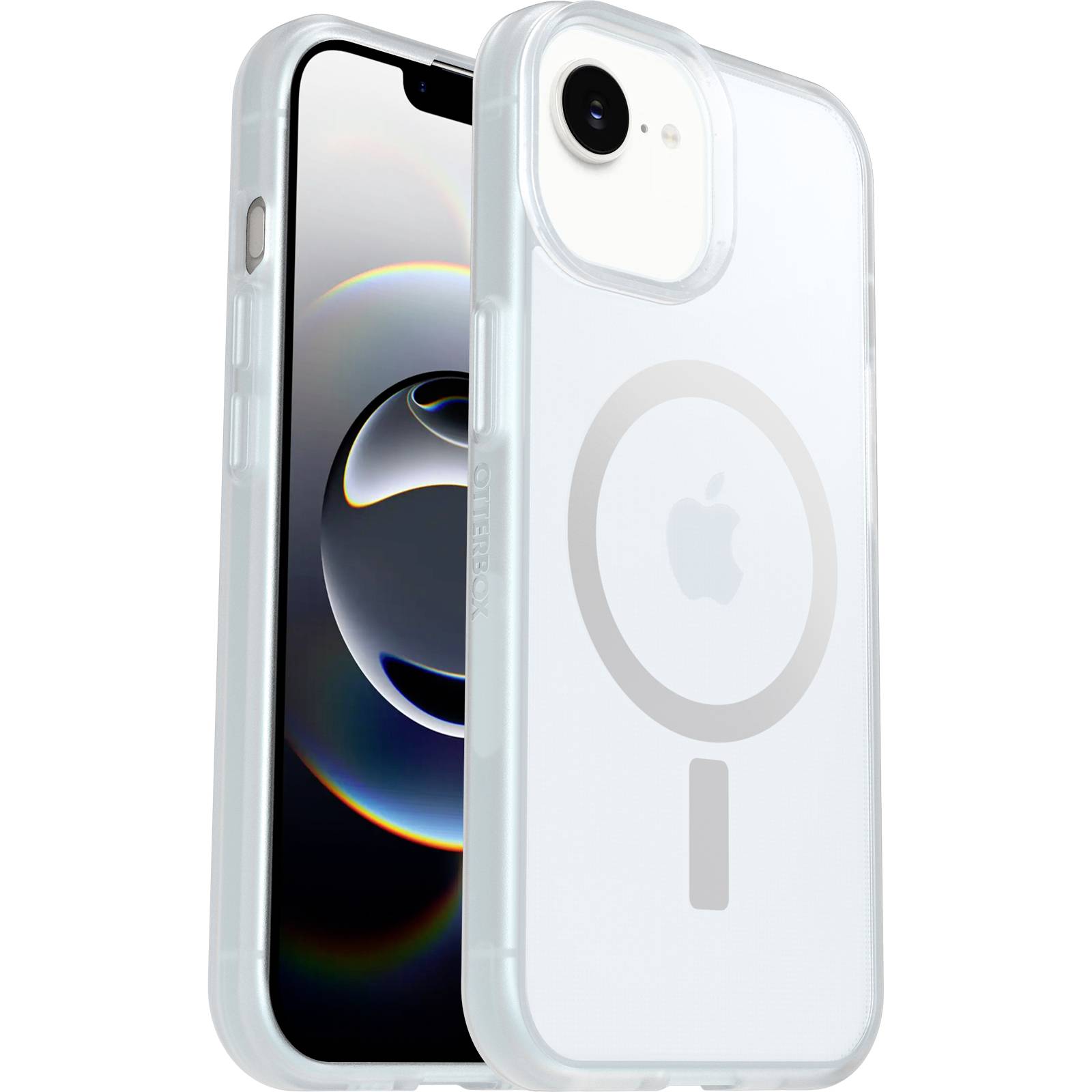 Zwei durchscheinende iPhones in durchsichtigen Hüllen, eines zeigt das vordere Display und eines die Rückseite mit MagSafe-Kreis und Apple-Logo.