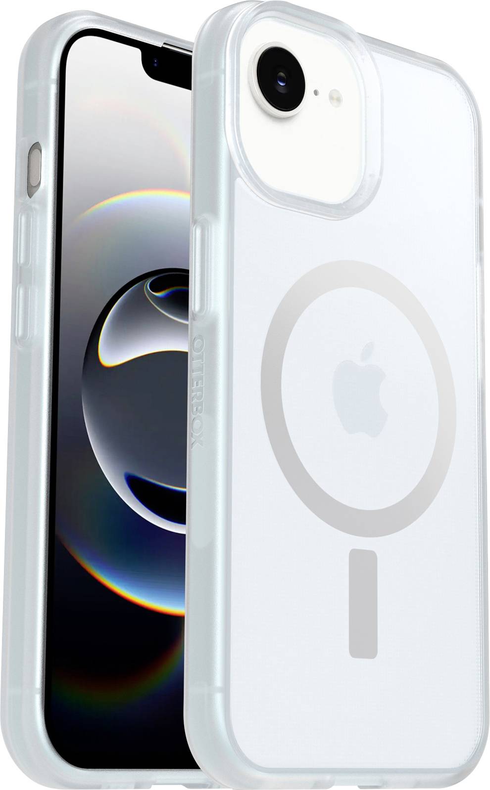 Zwei durchscheinende iPhones in durchsichtigen Hüllen, eines zeigt das vordere Display und eines die Rückseite mit MagSafe-Kreis und Apple-Logo.