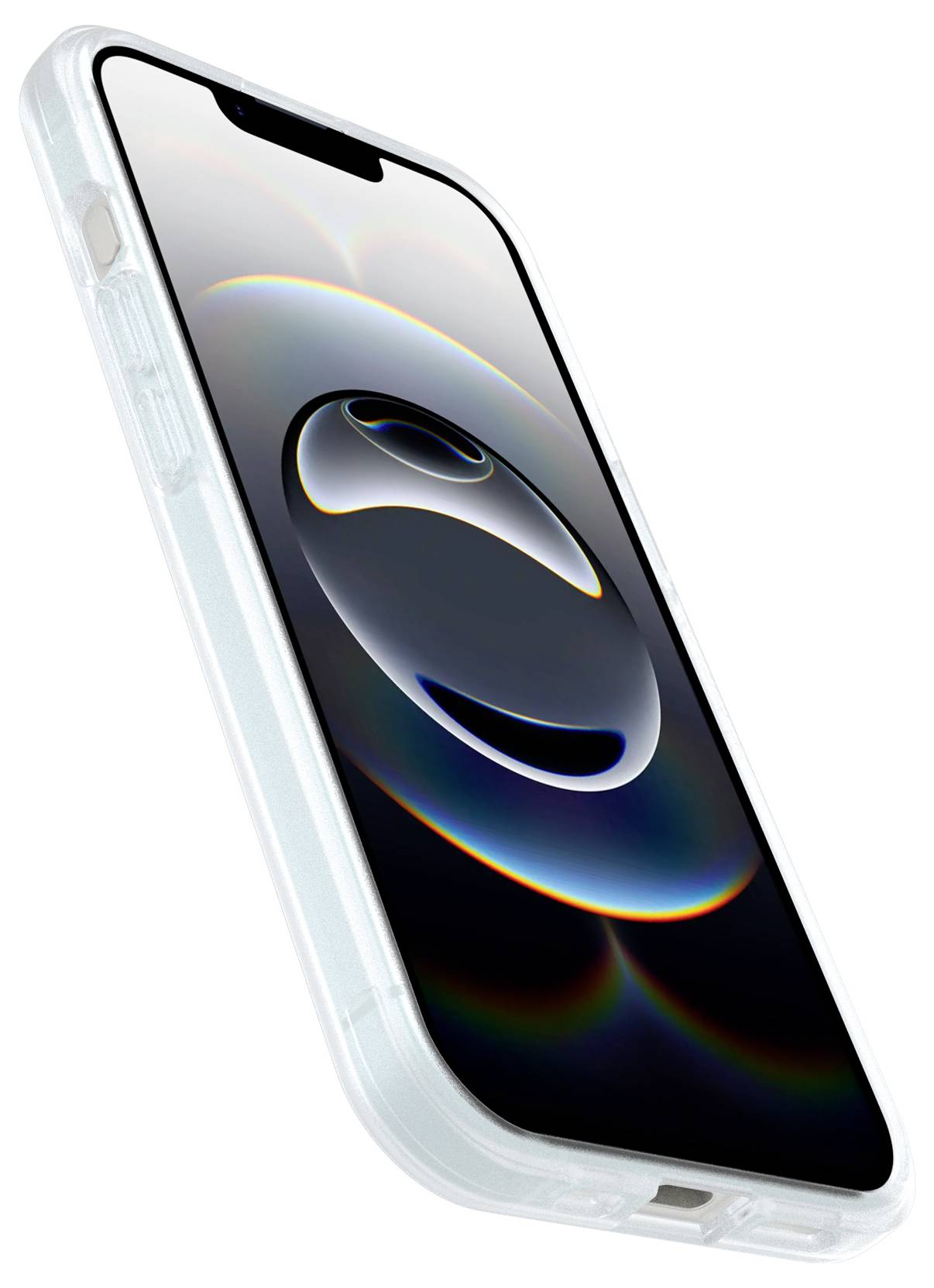 Ein Smartphone in einem klaren Schutzgehäuse, in einem Winkel angezeigt und zeigt ein dunkles abstraktes Hintergrundbild auf dem Bildschirm.