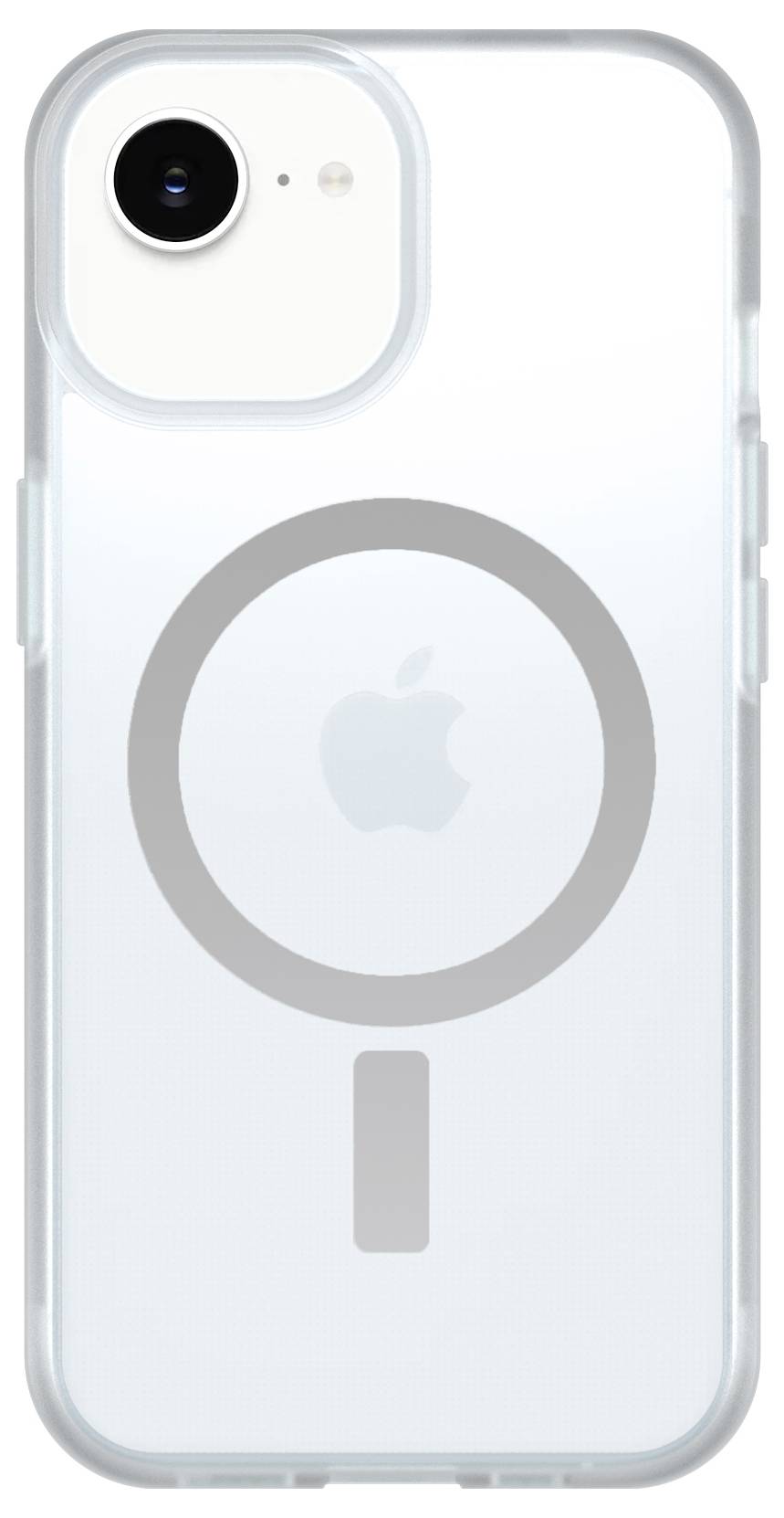 Transparente iPhone-Schutzhülle mit MagSafe-Ring und Kameraaussparung, durch die das Apple-Logo auf der Rückseite sichtbar ist.