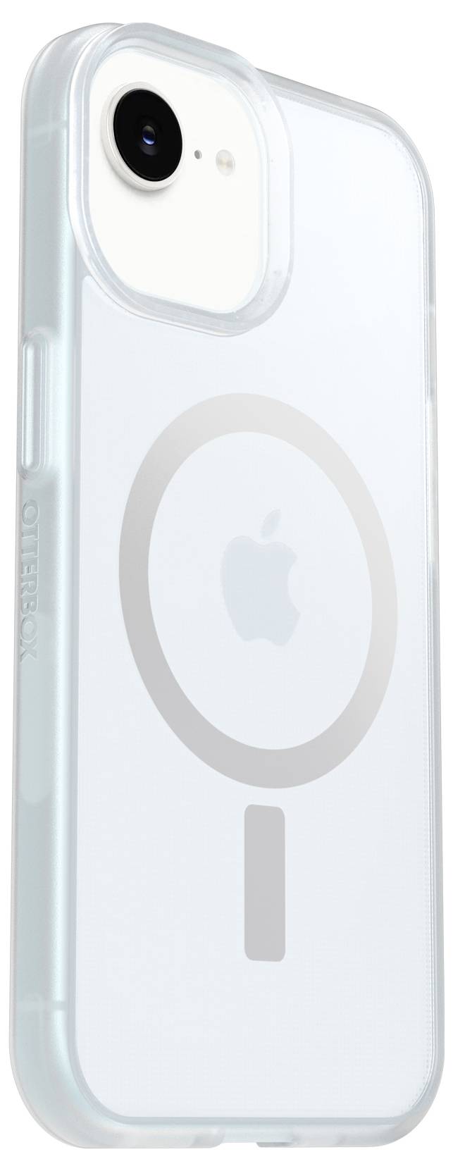 Transparente iPhone-Hülle mit kreisförmigem MagSafe-Ring und sichtbarem Apple-Logo auf der Rückseite.