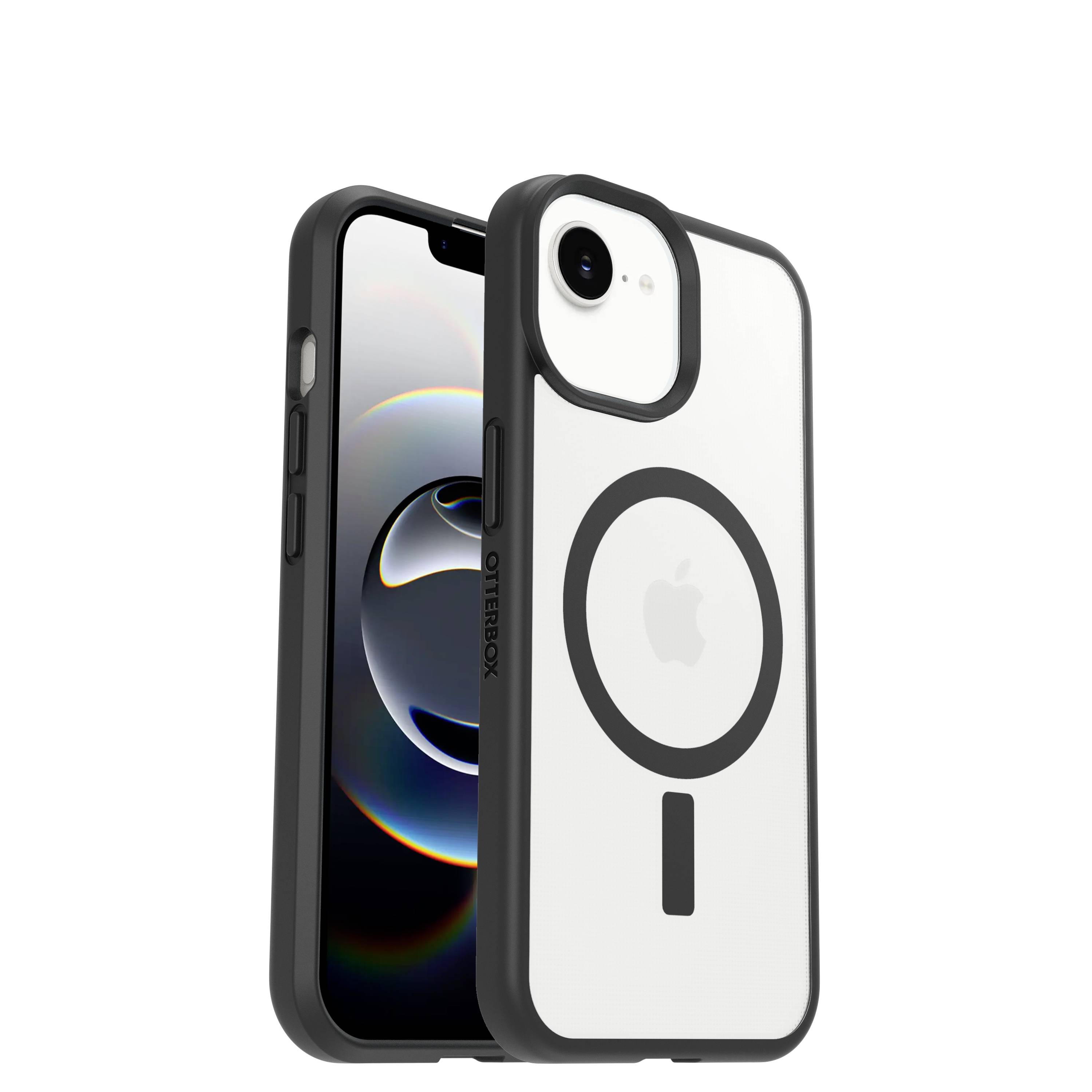 Zwei iPhones in OtterBox-Hüllen, eine schwarze und eine durchsichtige MagSafe-ähnliche Hülle, von vorne und hinten auf weißem Hintergrund gezeigt.