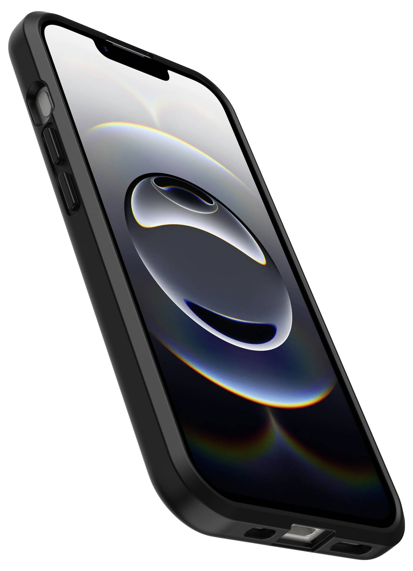 Schwarzes Smartphone in einer Schutzhülle, das in einem Winkel gezeigt wird, mit eingeschaltetem Bildschirm und dunklem abstraktem Hintergrund.