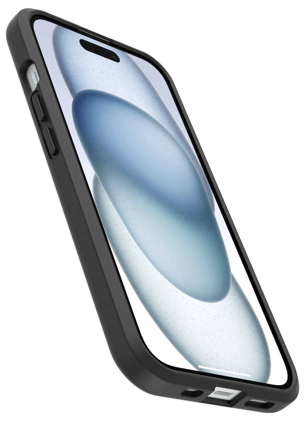 Smartphone in schwarzer Schutzhülle, zeigt ein abstraktes blaues Muster auf dem Bildschirm, Seitenansicht.