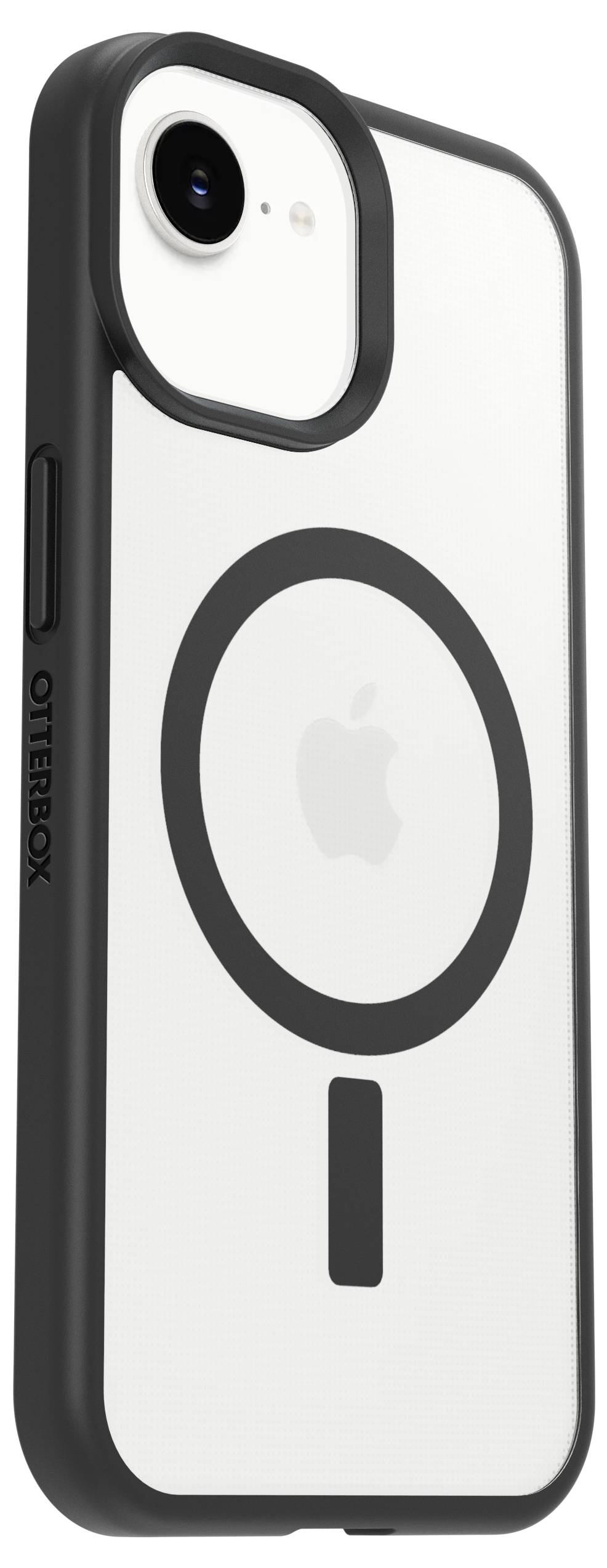 Schwarze OtterBox-Handyhülle mit großem MagSafe-Ladering und zentrierter Ausrichtungsmarkierung, angezeigt auf einem weißen iPhone von hinten.