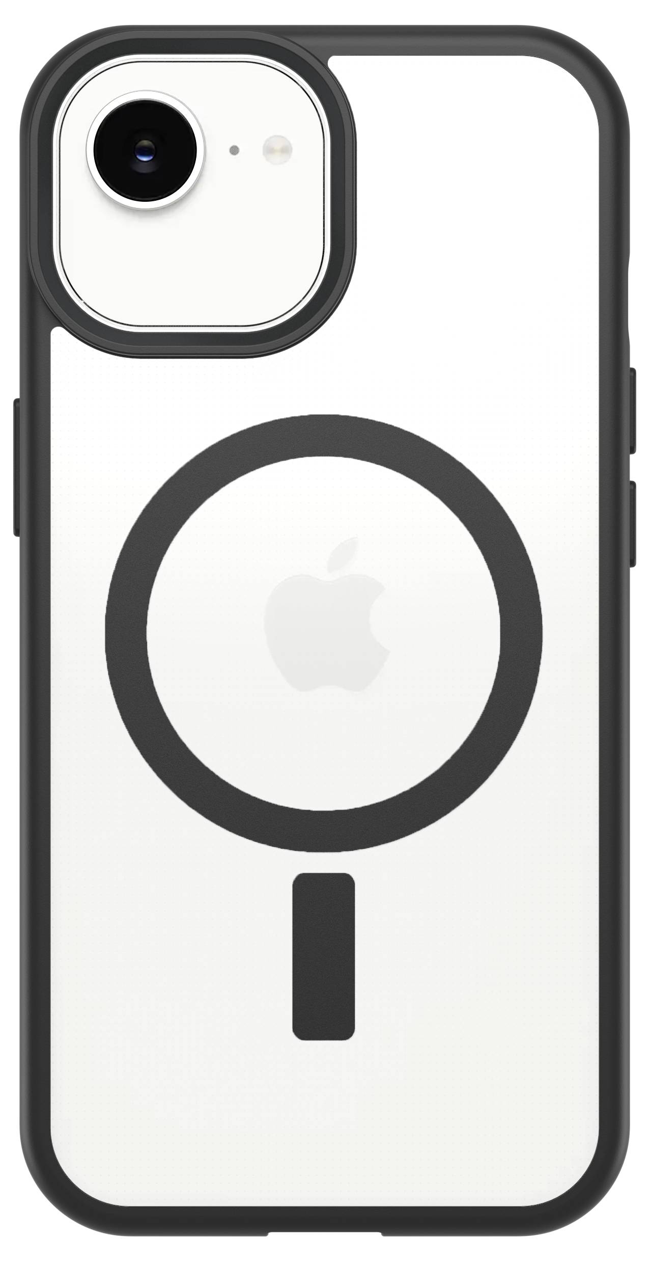 Weiße iPhone-Hülle mit schwarzem MagSafe-Ring und Ausrichtungsmarkierung unten, Vorderansicht mit Kameraaussparung gezeigt.