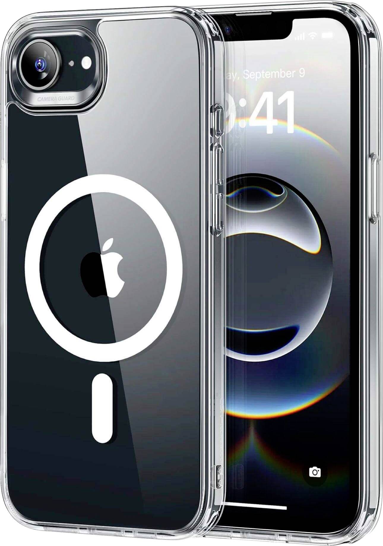 Ein Smartphone mit einer transparenten Hülle, die das Apple-Logo und ein kreisförmiges Muster zeigt. Der Bildschirm zeigt die Uhrzeit 9:41.