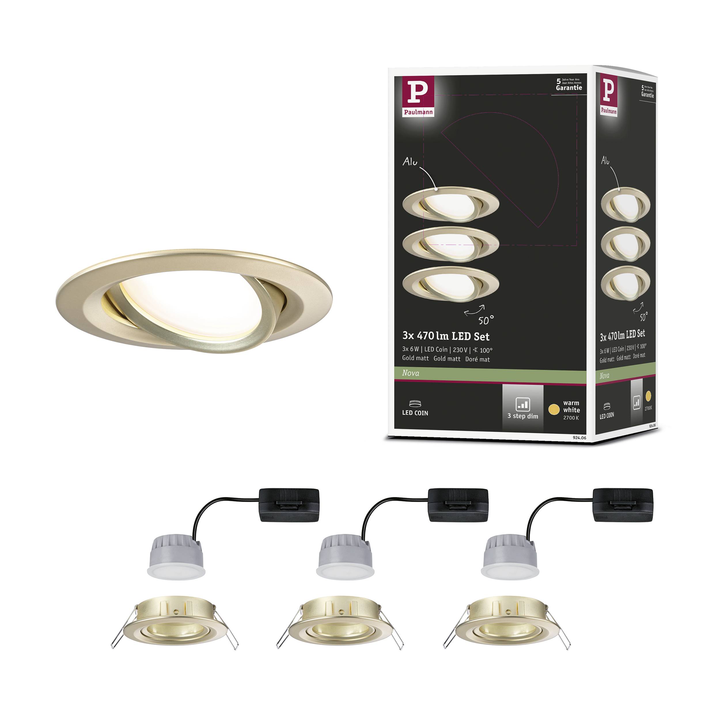 Paulmann 92406 Nova Coin LED-Einbauleuchte 3er Set LED 6W Gold (matt)