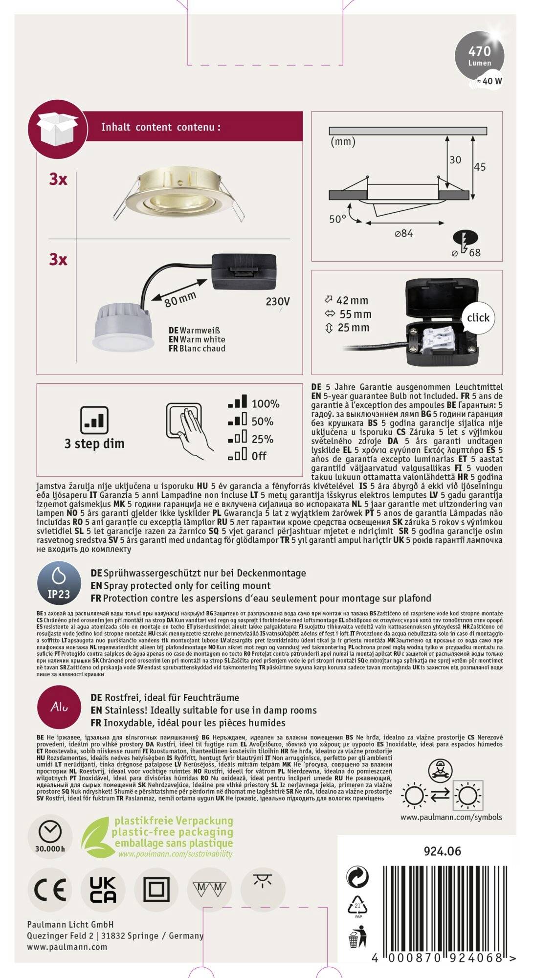 Paulmann 92406 Nova Coin LED-Einbauleuchte 3er Set LED 6W Gold (matt)