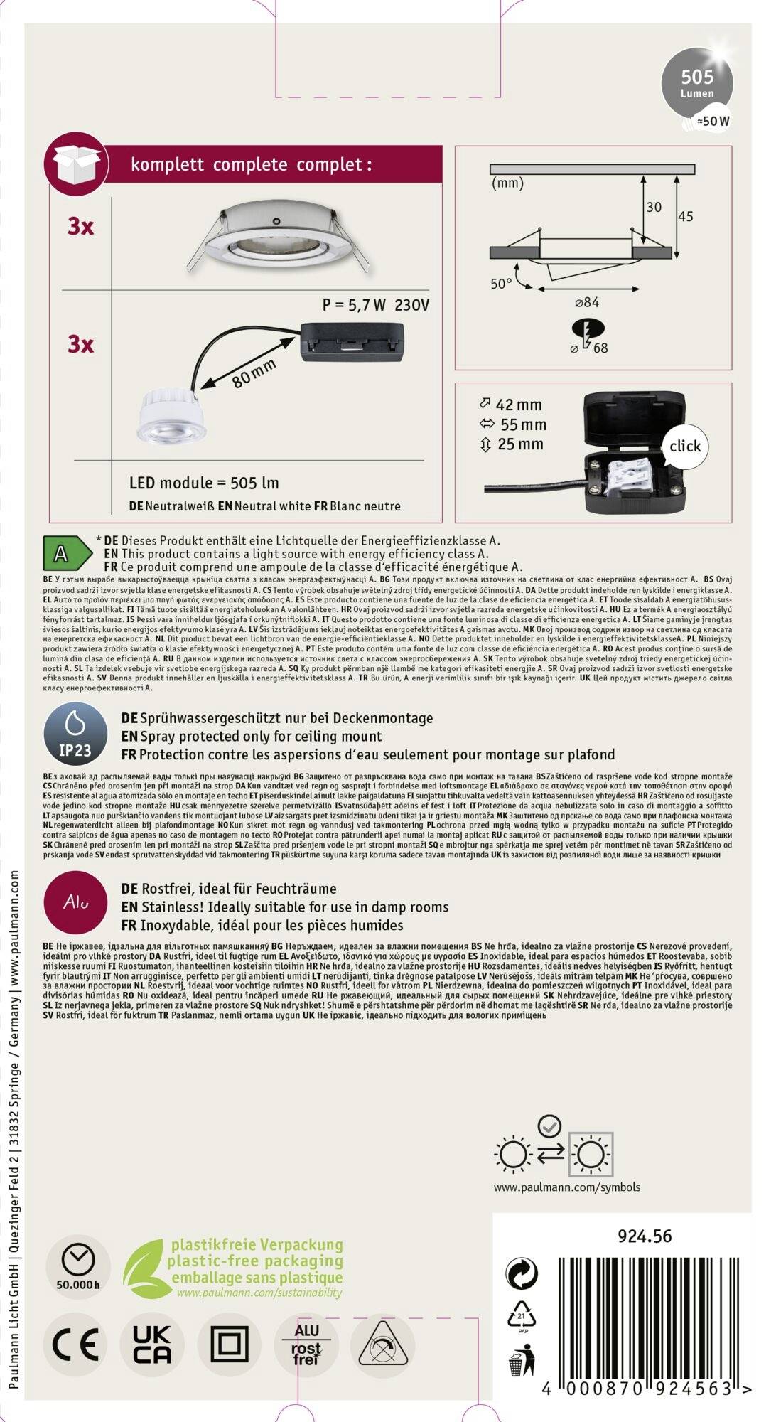 Paulmann 92456 Nova Coin LED-Einbauleuchte 3er Set LED 2.8W Eisen (gebürstet)