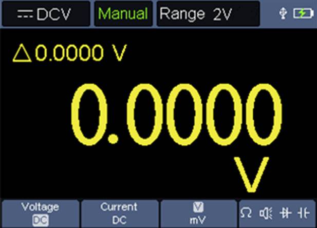Ein digitales Multimeter-Display, das '0,0000 V' zeigt, mit Optionen für Gleichspannung, Stromstärke und einem Messbereich von 2 V, was den manuellen Modus anzeigt.
