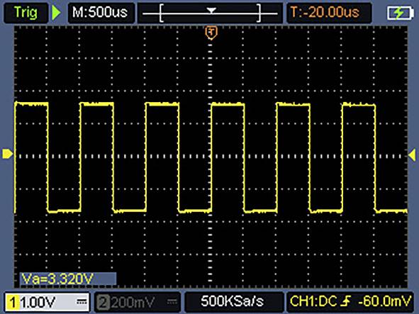 Auf dem Bildschirm des Oszilloskops wird ein gelbes Rechtecksignal mit einer Periodendauer von 500 Mikrosekunden und einer Amplitude von ungefähr 3,32 Volt dargestellt.