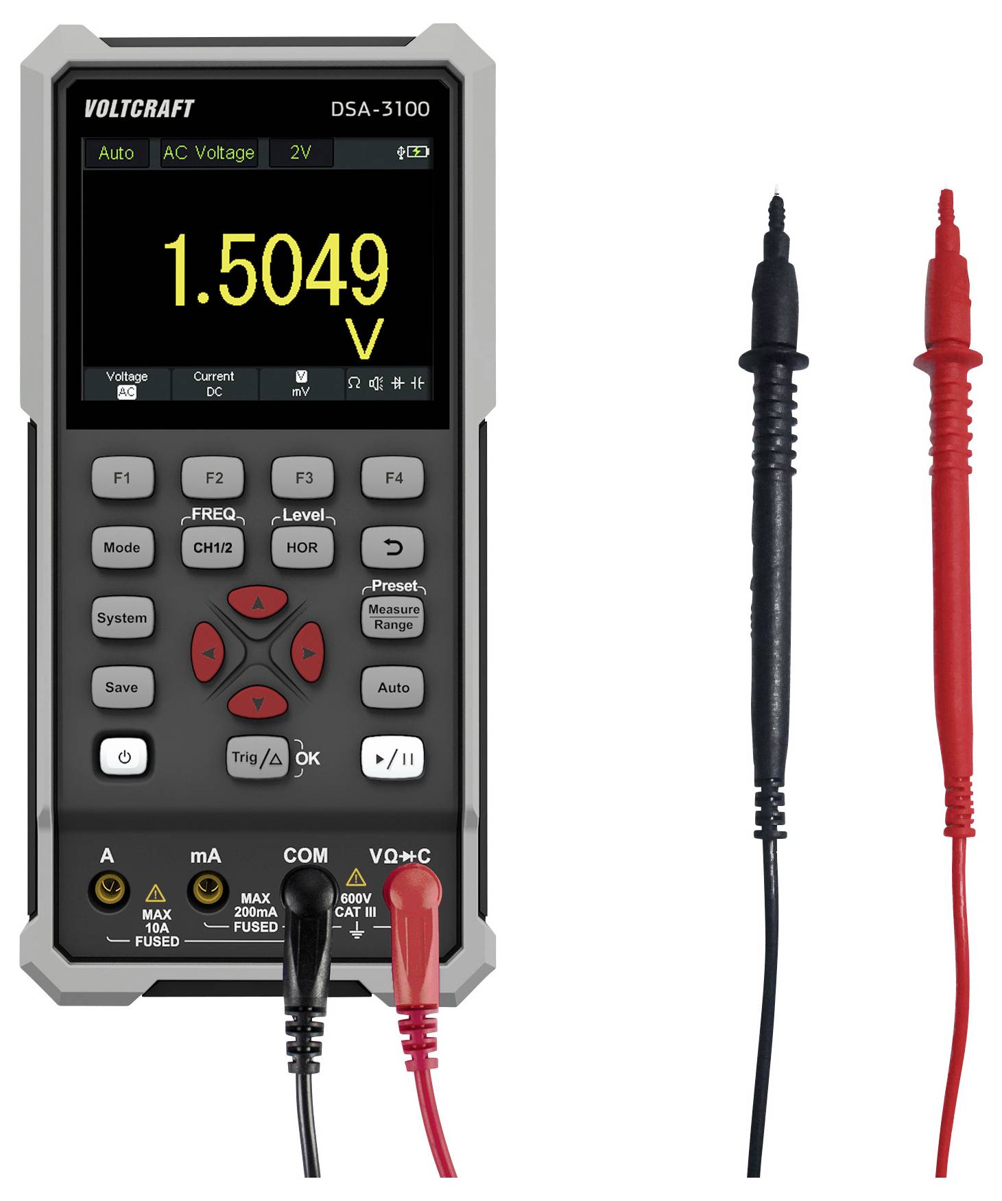 Handgehaltenes digitales Multimeter, das einen Messwert von '1,5049 V' anzeigt, mit angeschlossenen roten und schwarzen Messleitungen.