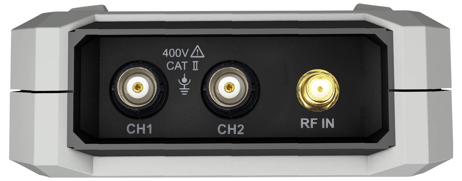 Ein rechteckiges elektronisches Gerätefeld mit drei kreisförmigen Anschlüssen, beschriftet mit 'CH1', 'CH2' und 'RF IN', versehen mit der Markierung '400V CAT II'.