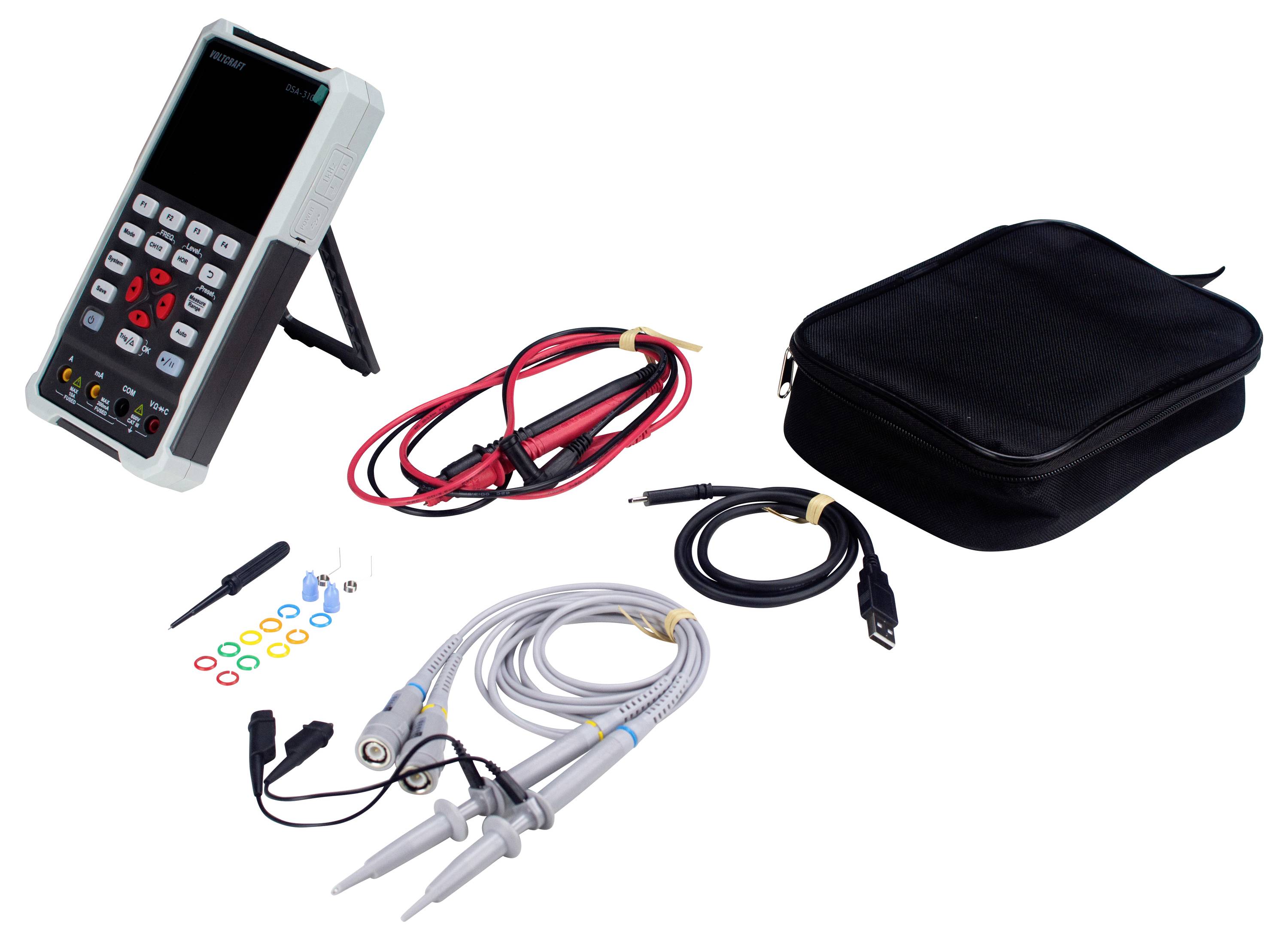 Digitales Multimeter-Set mit Kabeln, Messspitzen, Ringen und einer schwarzen Tragetasche.