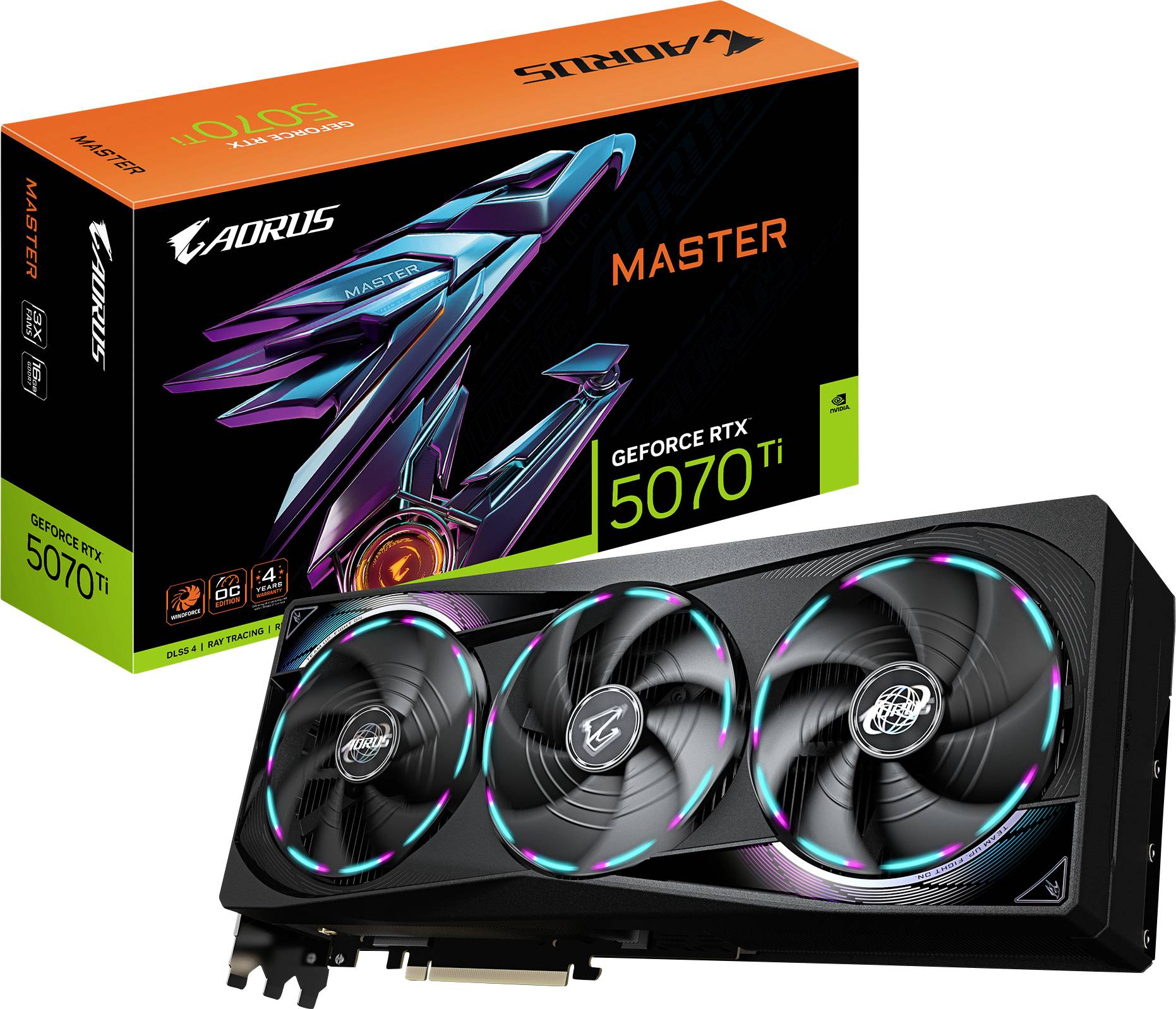 Eine AORUS Geforce RTX 5070 Ti Grafikkarte mit drei Lüftern ist vor ihrer Verpackung zu sehen, die den Produktnamen zeigt.