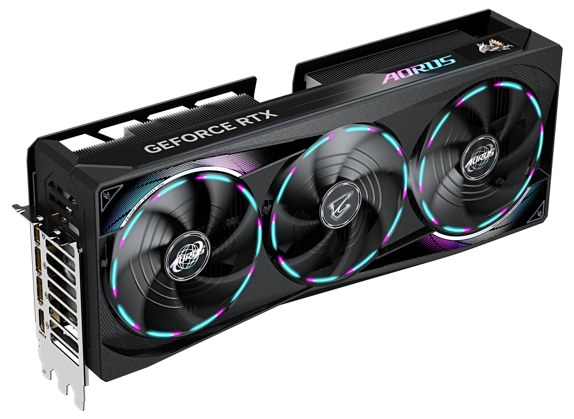 Eine Grafikkarte NVIDIA GeForce RTX von Aorus mit drei Lüftern und RGB-Beleuchtung, geeignet für leistungsstarke Computer.