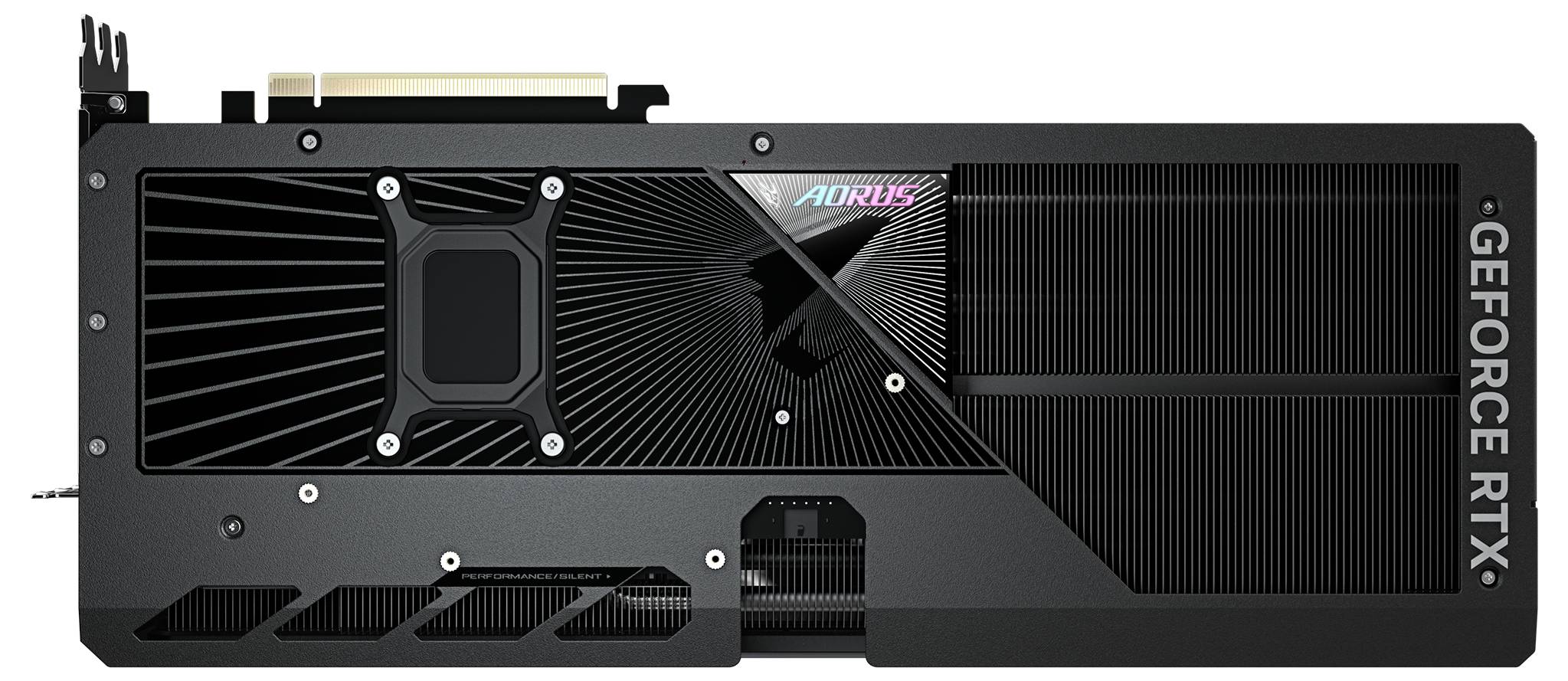 Grafikkarte mit schwarzem Gehäuse, Aufdruck 'Aorus' und 'GEFORCE RTX', zeigt Lüfter und Kühlrippen.