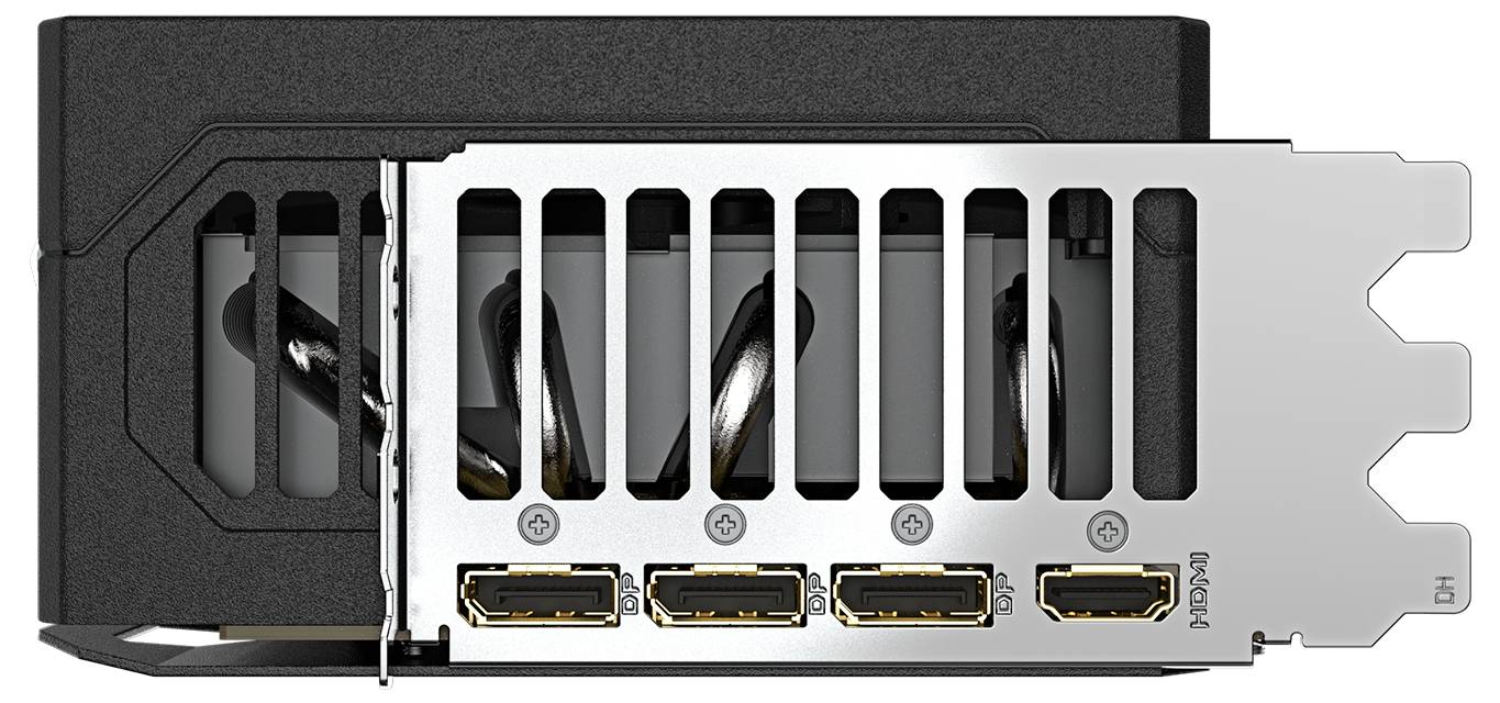 Grafikkarte mit vier HDMI-Anschlüssen an der Rückseite. Sie ist horizontal abgebildet und die Anschlüsse sind von links nach rechts nummeriert.