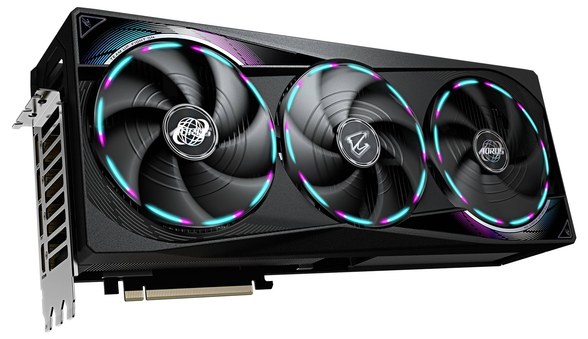 Eine schwarze Grafikkarte mit drei großen Lüftern und RGB-Beleuchtung. Die Karte hat einen PCI-Express-Anschluss für Computergehäuse.