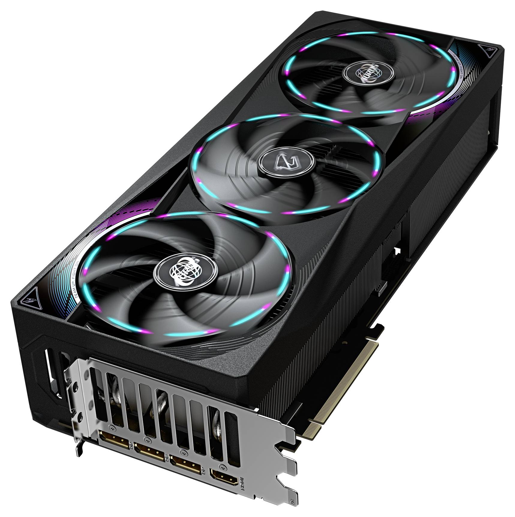 Dreifach-lüfter Grafikkarte mit RGB-Beleuchtung, schwarze Metallabdeckung. Enthält Anschlüsse für DisplayPort und HDMI.