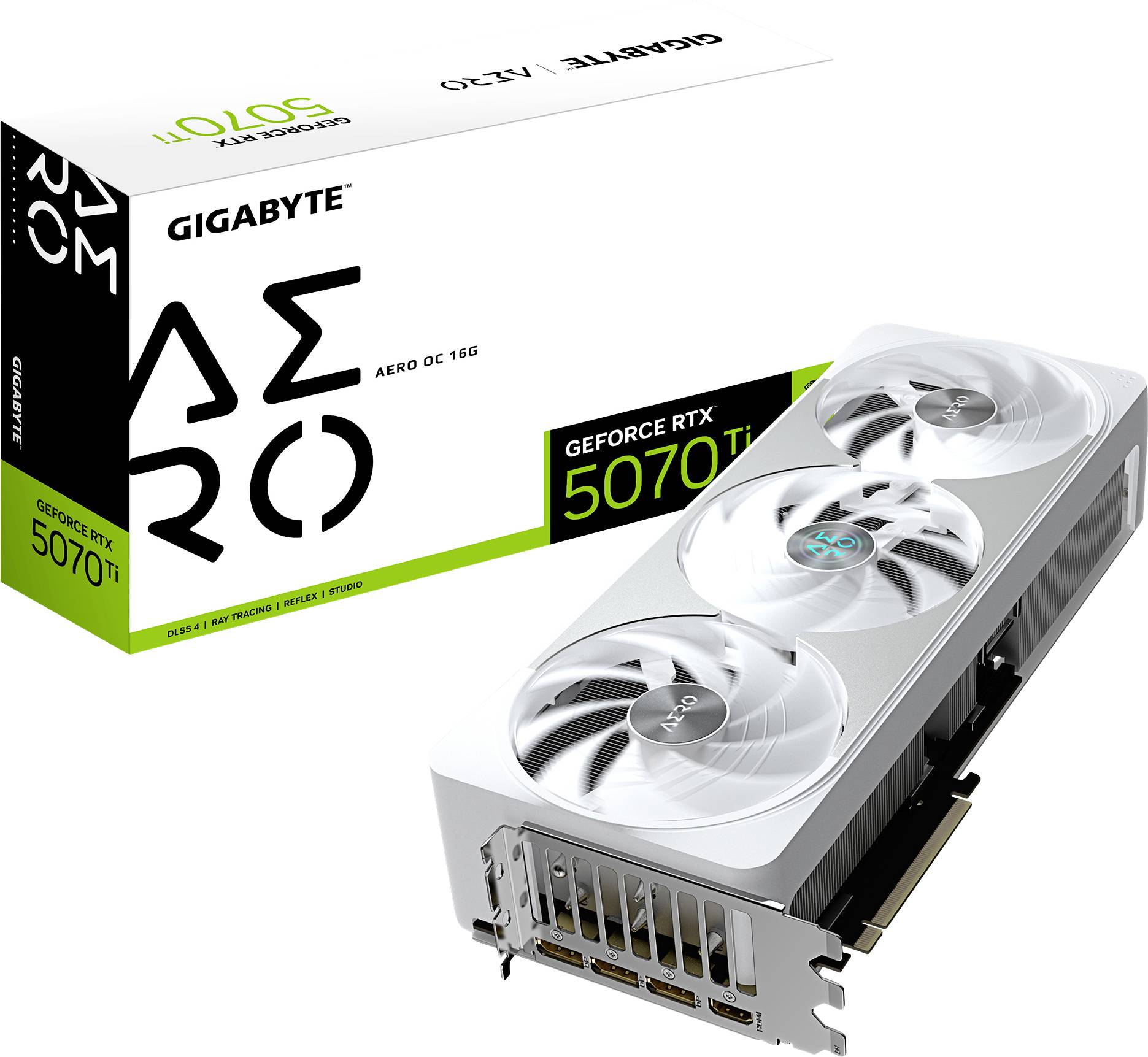 Grafikkarte der Marke Gigabyte mit der Aufschrift 'GEFORCE RTX 5070 Ti' neben der Verpackung, die dasselbe Modell zeigt.