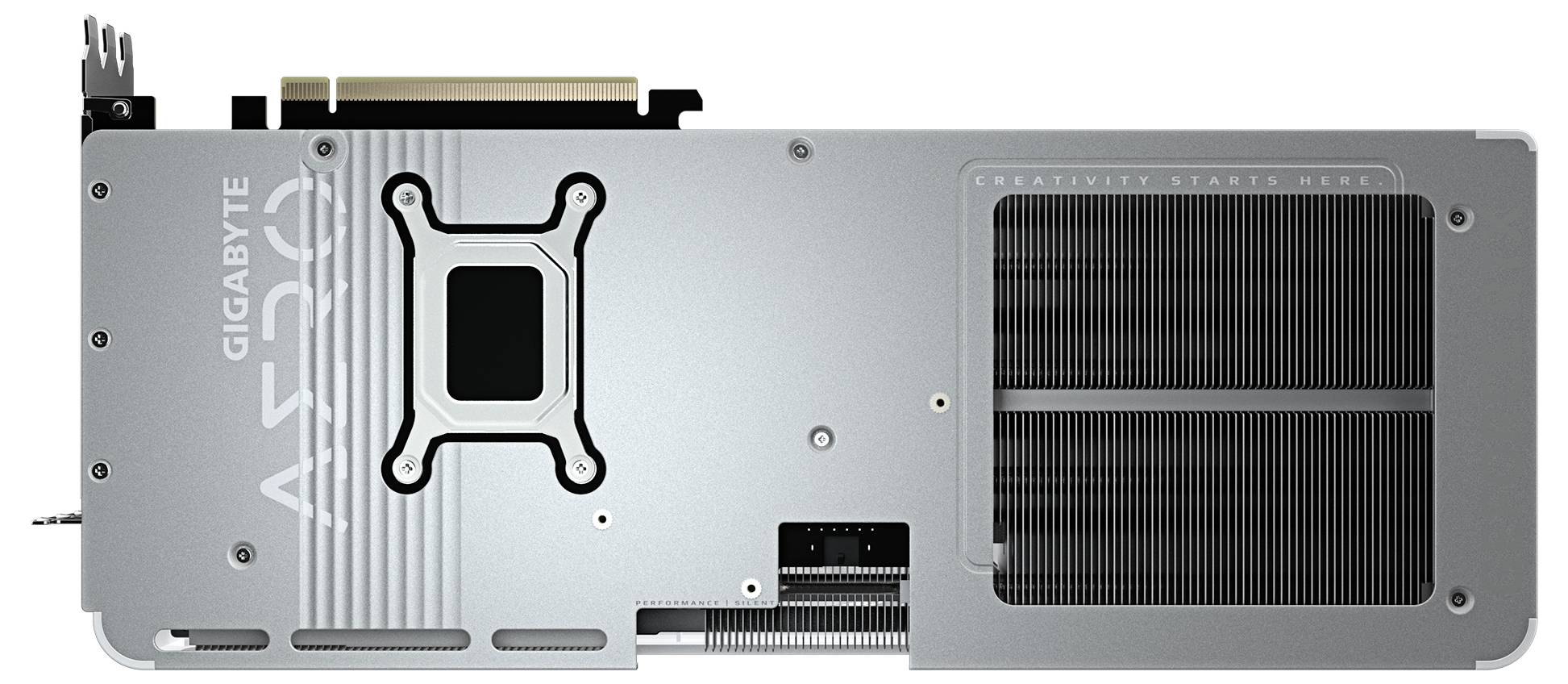 Rückseite einer Grafikkarte der Marke Gigabyte. Sichtbar sind der Kühler mit Lüftungsschlitzen und Anschlüsse. Text auf der Karte: 'AERO'.