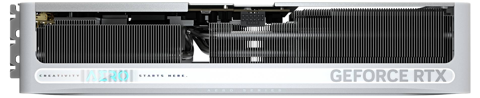 Grafikkarte GeForce RTX, seitliche Ansicht. Sichtbare Kühlrippen und Anschlüsse. Marktplatzierung verdeutlicht.