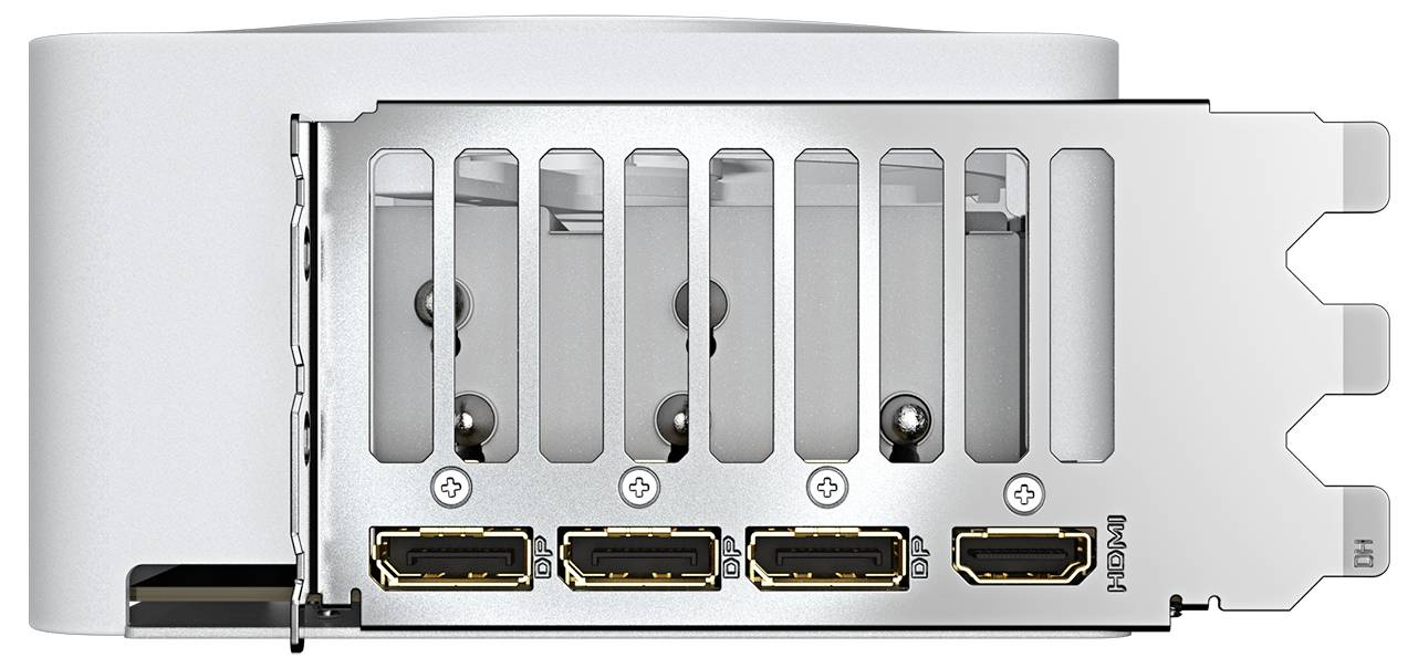 Ein Computergehäuse von hinten, geöffnet, zeigt mehrere PCIe-Steckplätze und zwei HDMI-Anschlüsse unten.