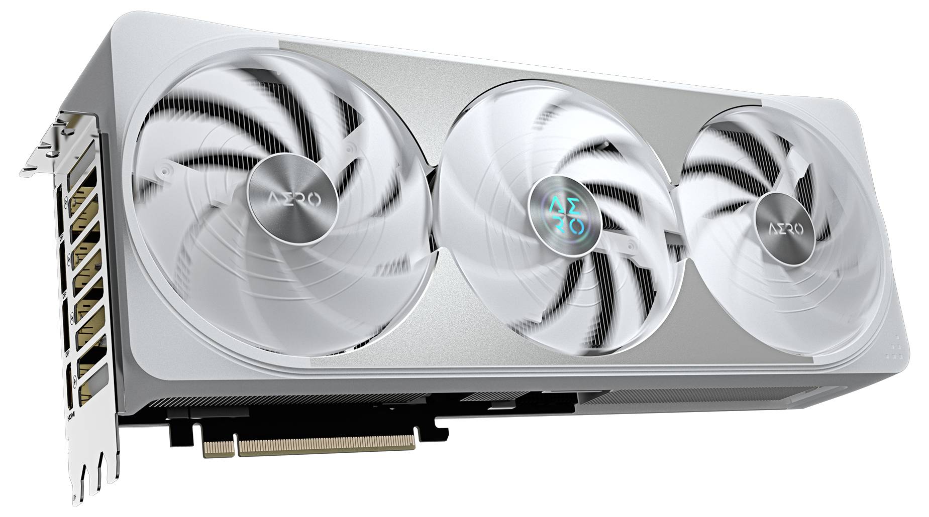 Eine weiße Grafikkarte mit drei großen Lüftern und einem silbernen Gehäuse. Ideal für leistungsstarke Computeranwendungen.