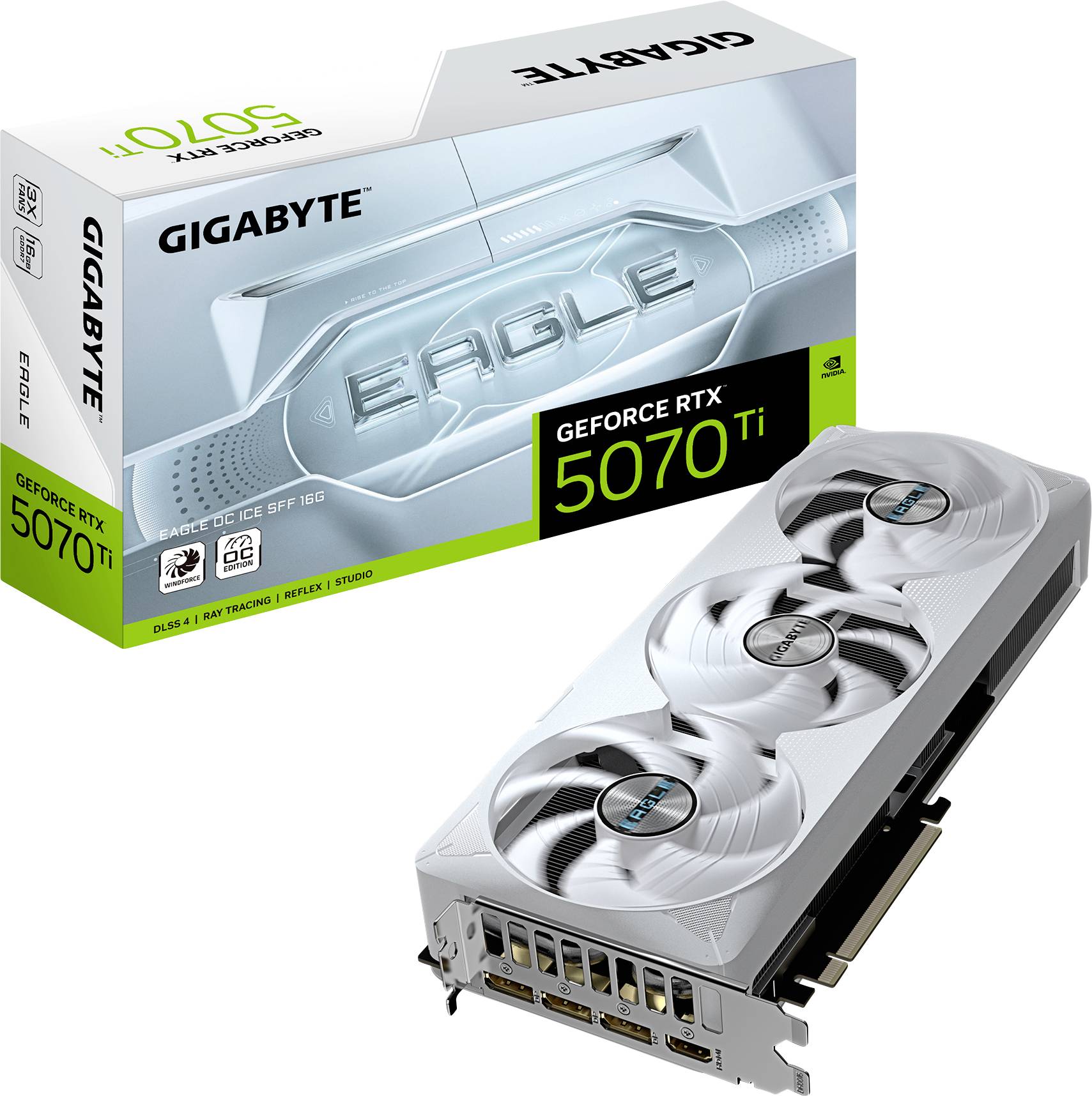 Eine Gigabyte GeForce RTX 5070 Ti Grafikkarte mit Verpackung. Die Karte hat drei Lüfter. Verpackung zeigt das Modell und das Gigabyte-Logo.