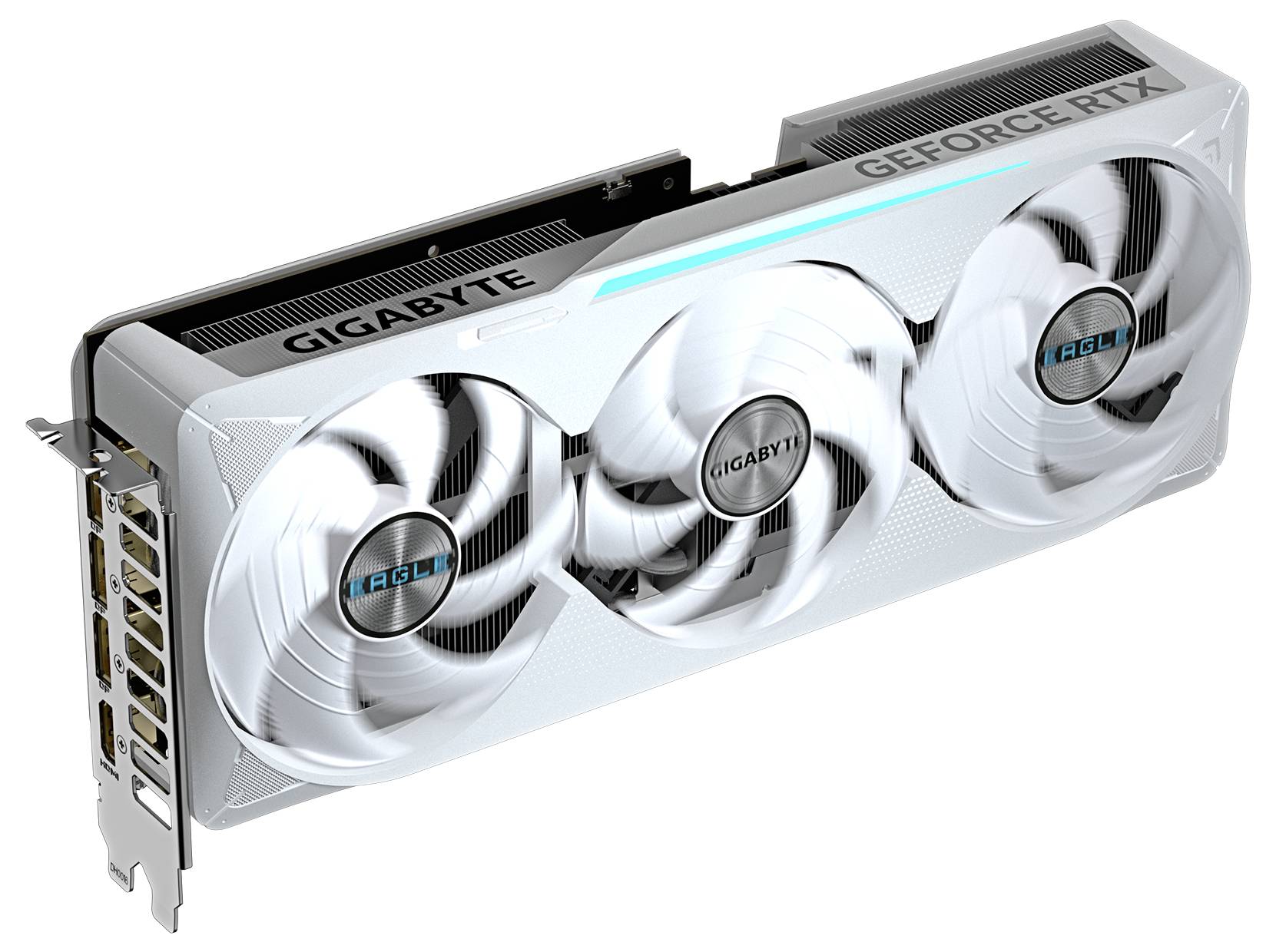 Grafikkarte von GIGABYTE, Modell 'GeForce RTX', mit drei Lüftern und silbernem Gehäuse.