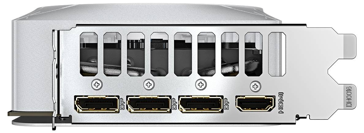 Rückseite einer Grafikkarte mit vier HDMI-Anschlüssen und Belüftungsschlitzen, zeigt Anschlüsse und Design der Karte.