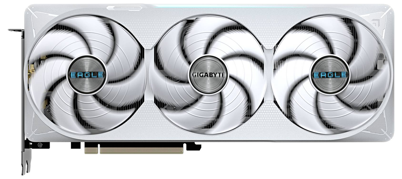 Eine weiße Grafikkarte mit drei Lüftern, auf denen 'Eagle' und 'Gigabyte' steht. Geeignet für den Einbau in einen Computer.