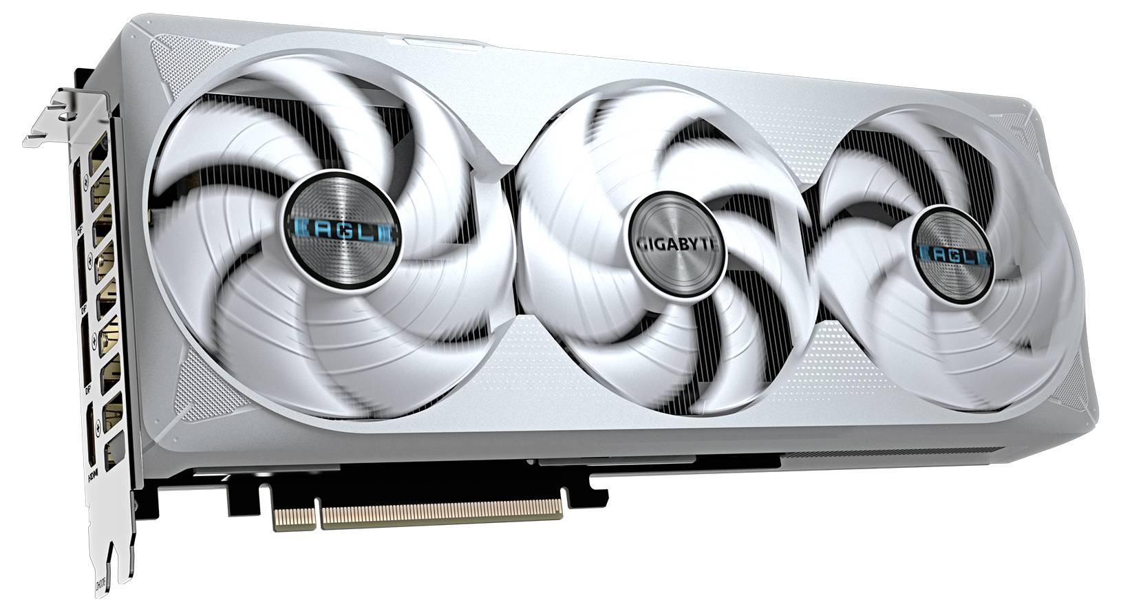 Grafikkarte von Gigabyte mit drei Lüftern, PCIe-Schnittstelle und mehreren Videoanschlüssen, geeignet für Hochleistungsanwendungen.